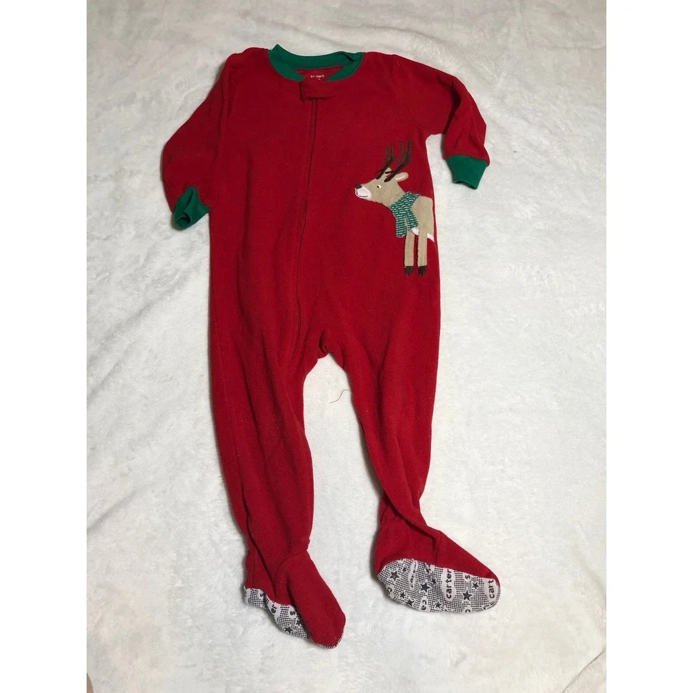 5/$25 Carter's Reindeer Footed Pajamas Baby 18 Months Red Green Fleece Sleeper
